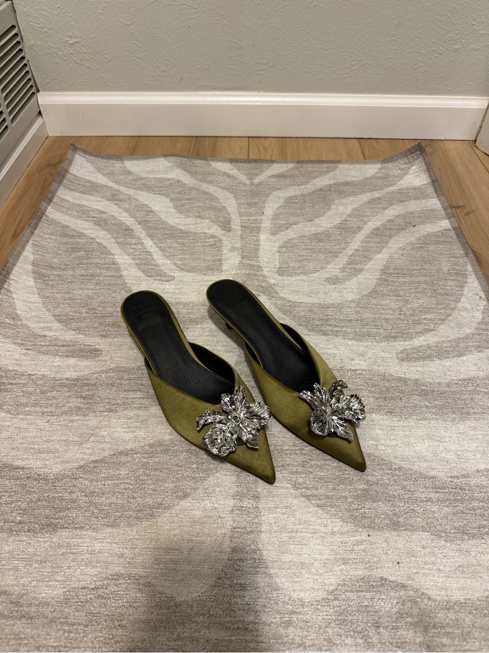 ASOS Olive Green Pointed Crystal-Embellished Slip-On Mules